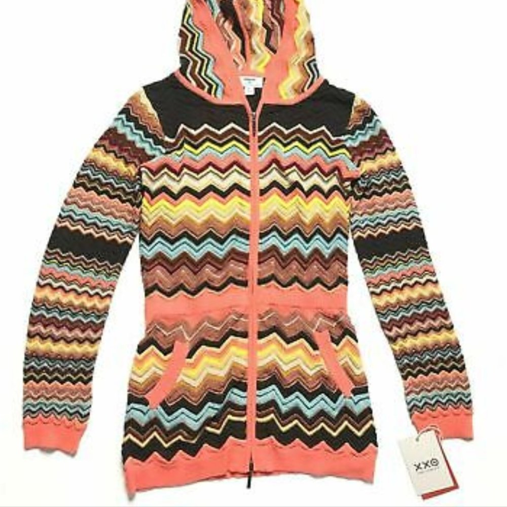 Zig Zag Long Sleeve Hooded Zip-up Cardigan